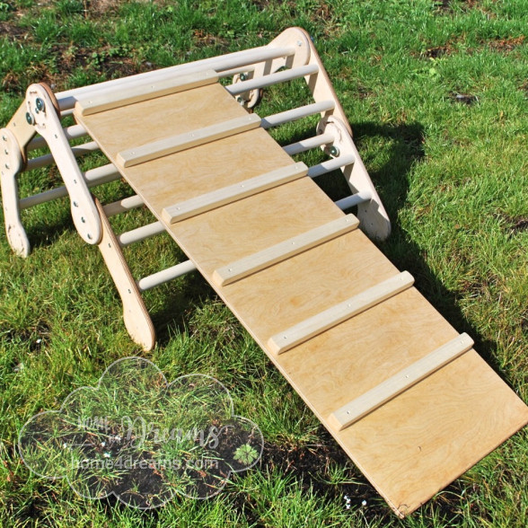 A wooden climbing toy with a ladder board