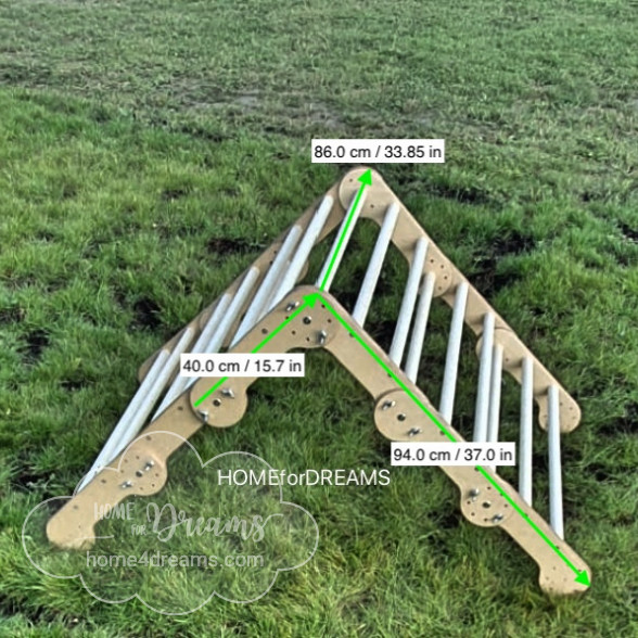 Measurements of a transformable wooden pikler triangle 