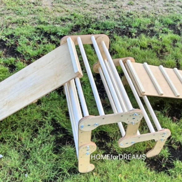 L-shaped wooden climber with ladder board and slide